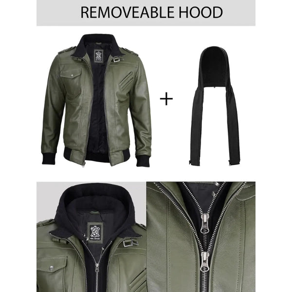 Men Green Leather Bomber Jacket with Removable Hood