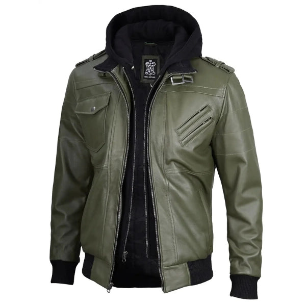 Men Green Leather Bomber Jacket with Removable Hood