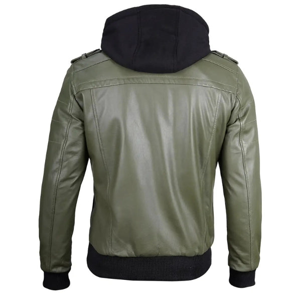 Men Green Leather Bomber Jacket with Removable Hood