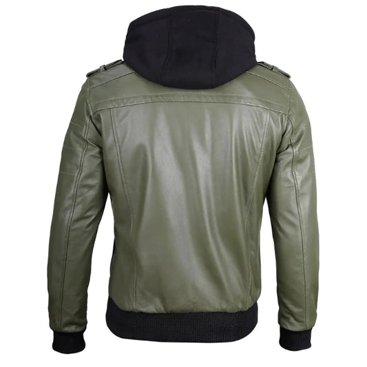 Men Green Leather Bomber Jacket with Removable Hood