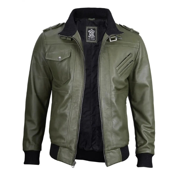 Men Green Leather Bomber Jacket with Removable Hood