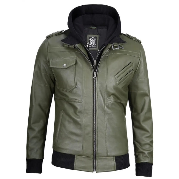 Men Green Leather Bomber Jacket with Removable Hood