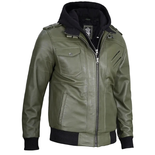 Men Green Leather Bomber Jacket with Removable Hood