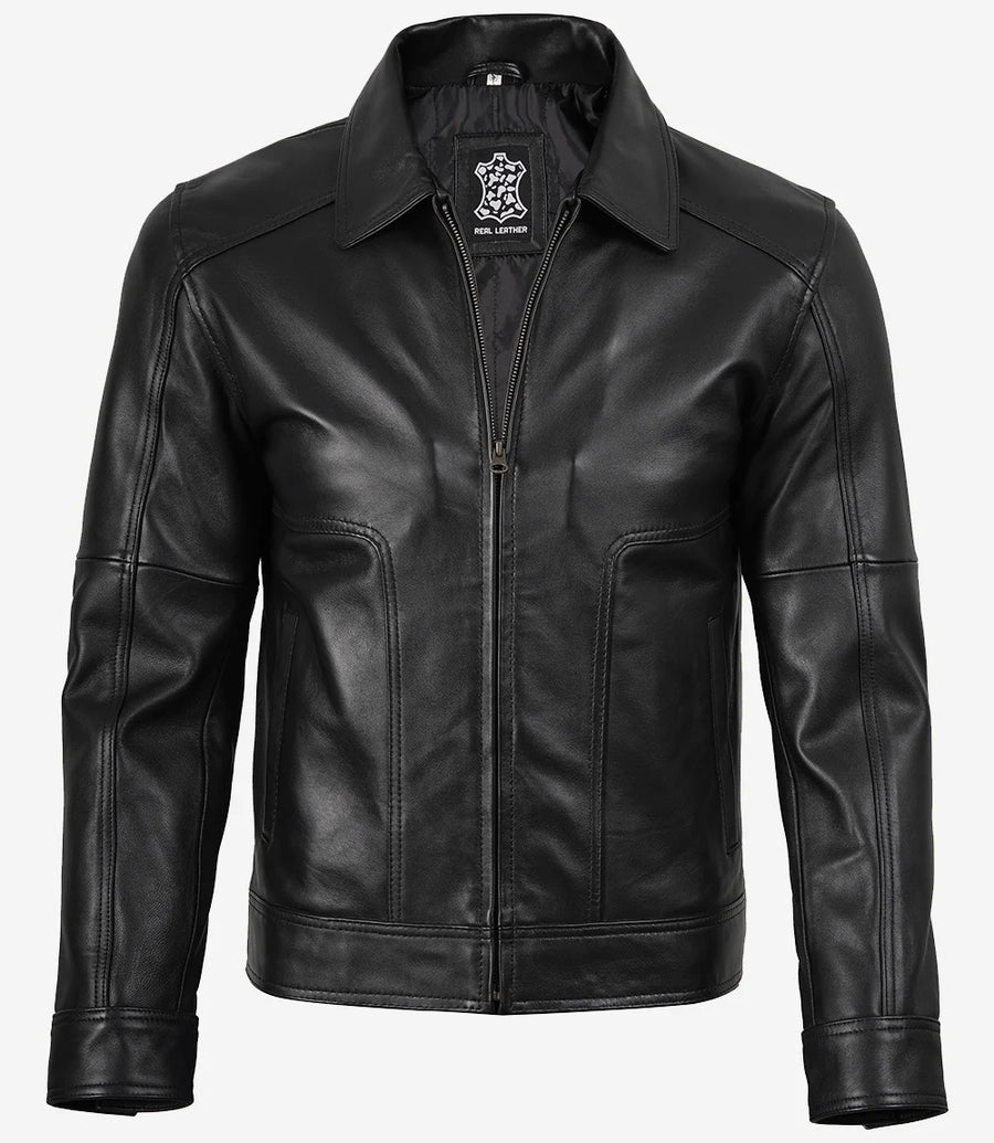 Men Sheepskin Leather Black Harrington Jacket