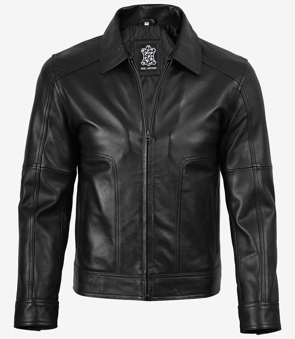 Men Sheepskin Leather Black Harrington Jacket