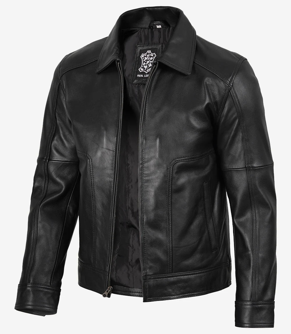 Men Sheepskin Leather Black Harrington Jacket
