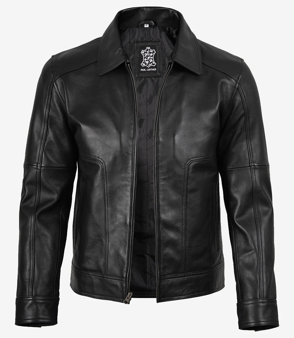Men Sheepskin Leather Black Harrington Jacket