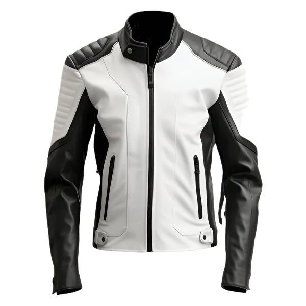 Unwind Leather Men Black And White Cafe Racer Leather Jacket on a white background