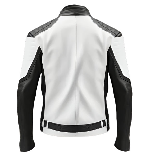 Unwind Leather Men Black And White Cafe Racer Leather Jacket on a white background