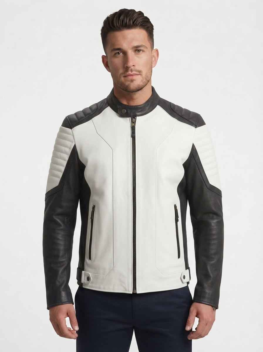 Men Black And White Cafe Racer Sheepskin Leather Jacket