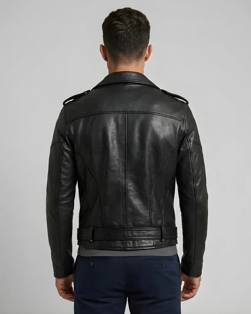 Men Black Motorcycle Leather Biker Jacket