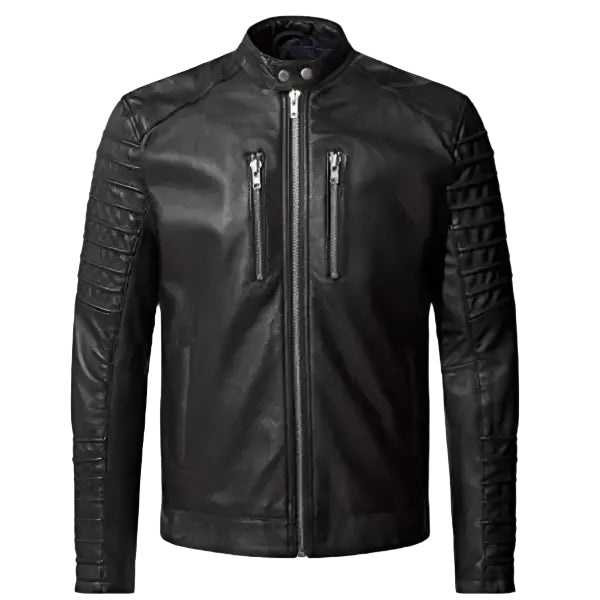 Unwind Leather Men Black Motorcycle Leather Jacket With Shoulder Epaulets And Padded Sleeves on a White background