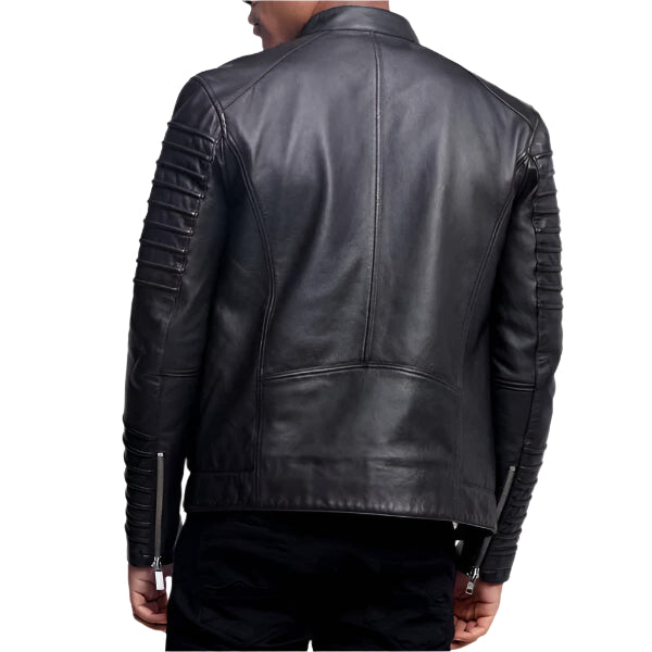 Unwind Leather Men Black Motorcycle Leather Jacket With Shoulder Epaulets And Padded Sleeves on a White background