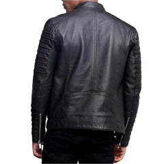 Unwind Leather Men Black Motorcycle Leather Jacket With Shoulder Epaulets And Padded Sleeves on a White background