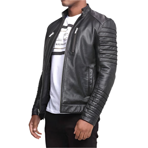 Unwind Leather Men Black Motorcycle Leather Jacket With Shoulder Epaulets And Padded Sleeves on a white background
