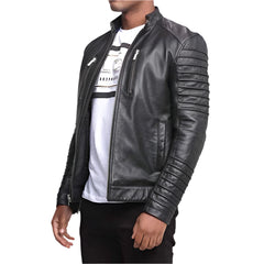 Unwind Leather Men Black Motorcycle Leather Jacket With Shoulder Epaulets And Padded Sleeves on a white background