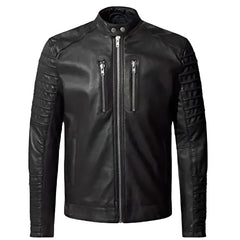 Unwind Leather Men Black Motorcycle Leather Jacket With Shoulder Epaulets And Padded Sleeves on a White background