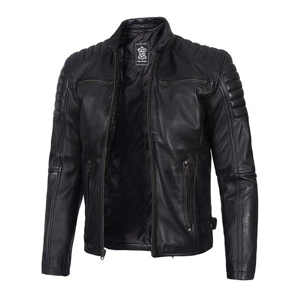 Unwind Leather Men Black Motorcycle Padded Leather Jacket on a white background