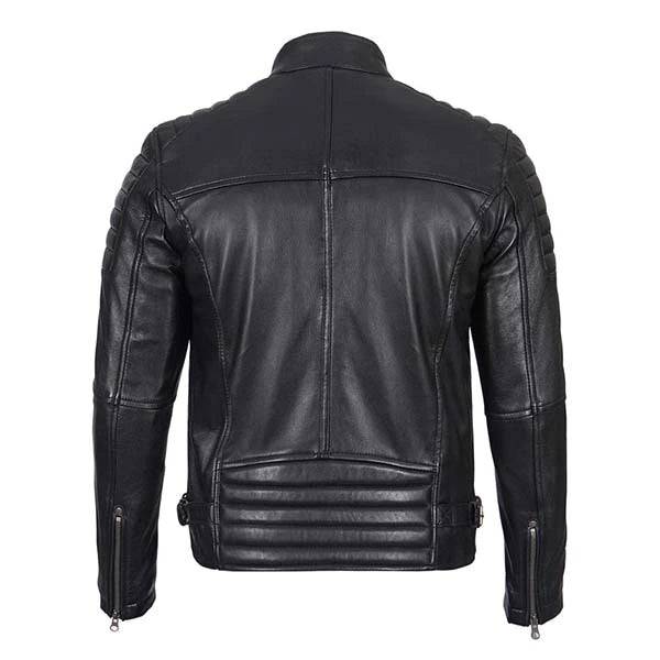 Unwind Leather Men Black Motorcycle Padded Leather Jacket on a white background