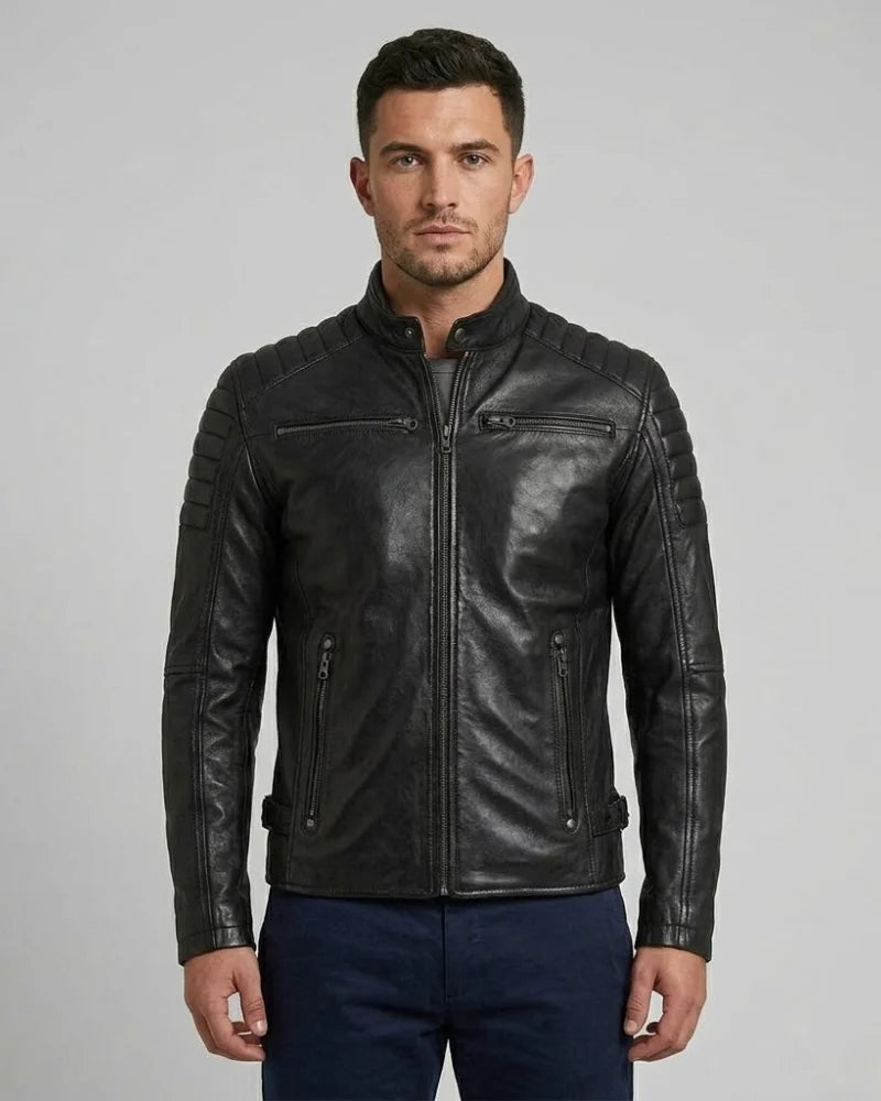 Unwind Leather Men Black Motorcycle Padded Leather Jacket on a white background