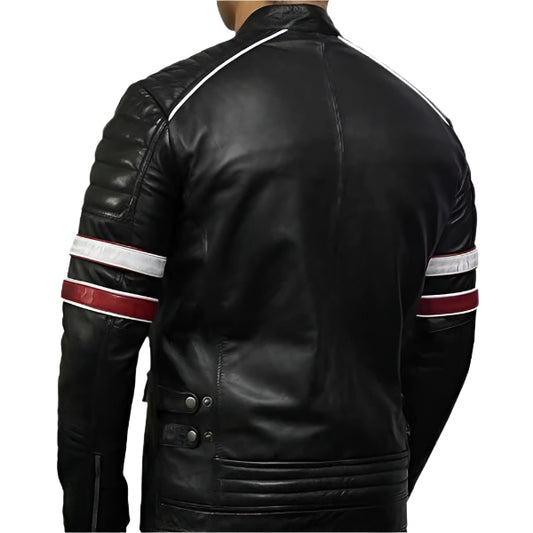 Unwind Leather Men Black Padded Cafe Racer Leather Jacket With Stripes on  a white background