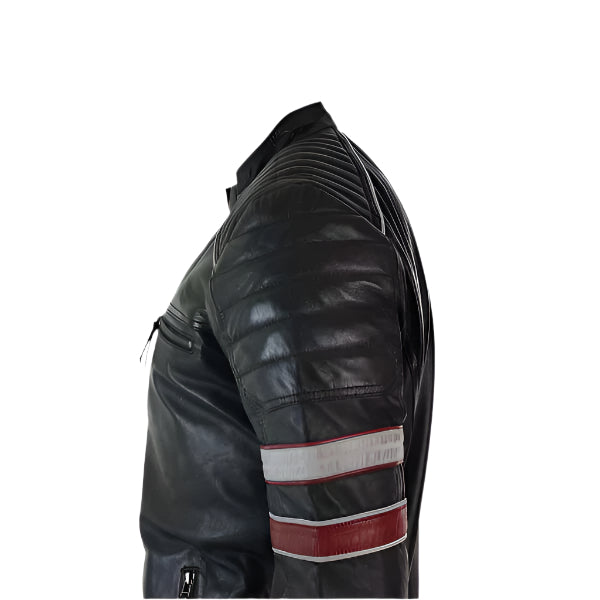 Unwind Leather Men Black Padded Cafe Racer Leather Jacket With Stripes on a white background