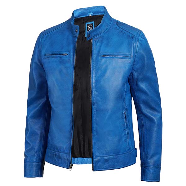 Men Blue Cafe Racer Leather Jacket