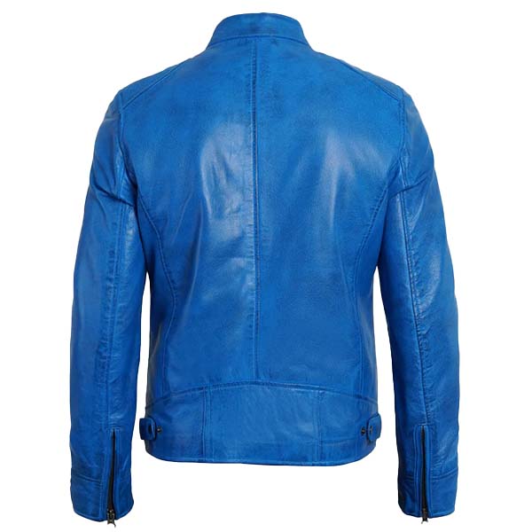 Unwind Leather Men Blue Cafe Racer Leather Jacket With White Background