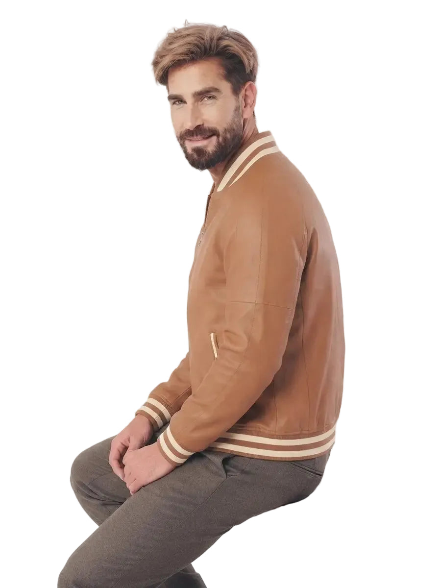 Men Brown Leather Varsity Jacket