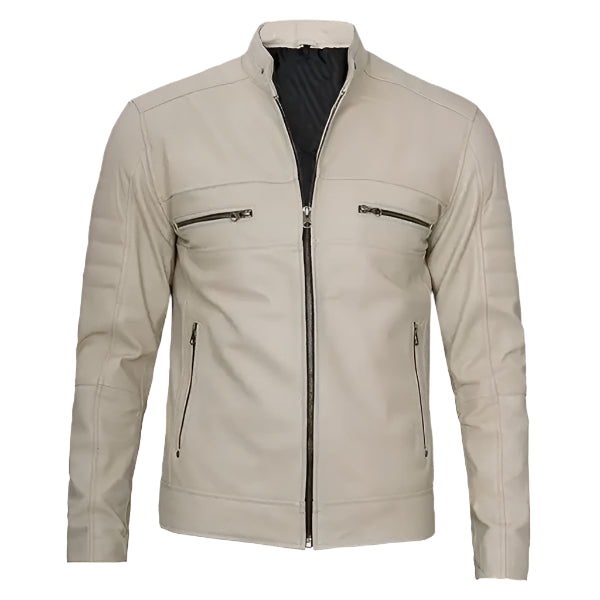 Unwind Leather Men Cafe Racer Beige Leather Jacket on a white background