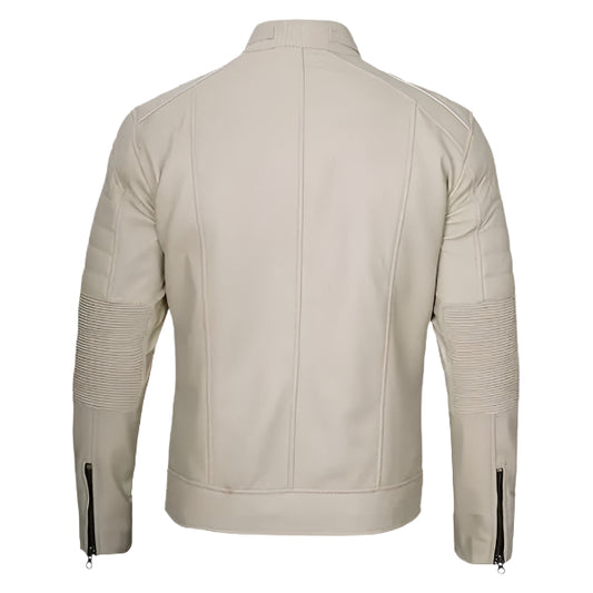 Unwind Leather Men Cafe Racer Beige Leather Jacket on a white background