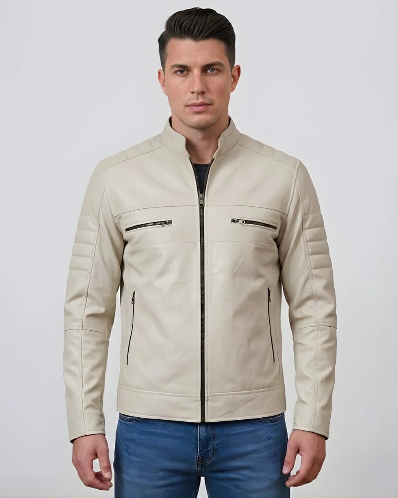 Men Cafe Racer Beige Leather Jacket