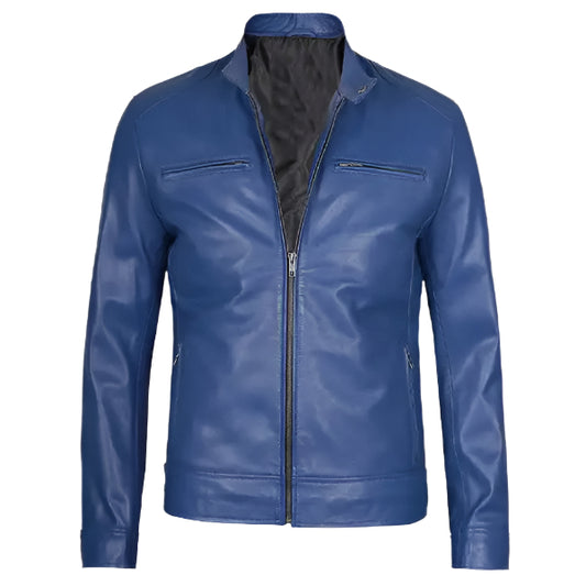 Unwind Leather Men Cafe Racer Blue Leather Jacket on a white background
