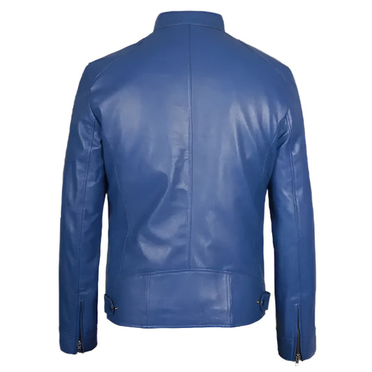 Unwind Leather Men Cafe Racer Blue Leather Jacket on a white background