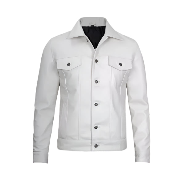 Men Cafe Racer Style White Trucker Leather Jacket