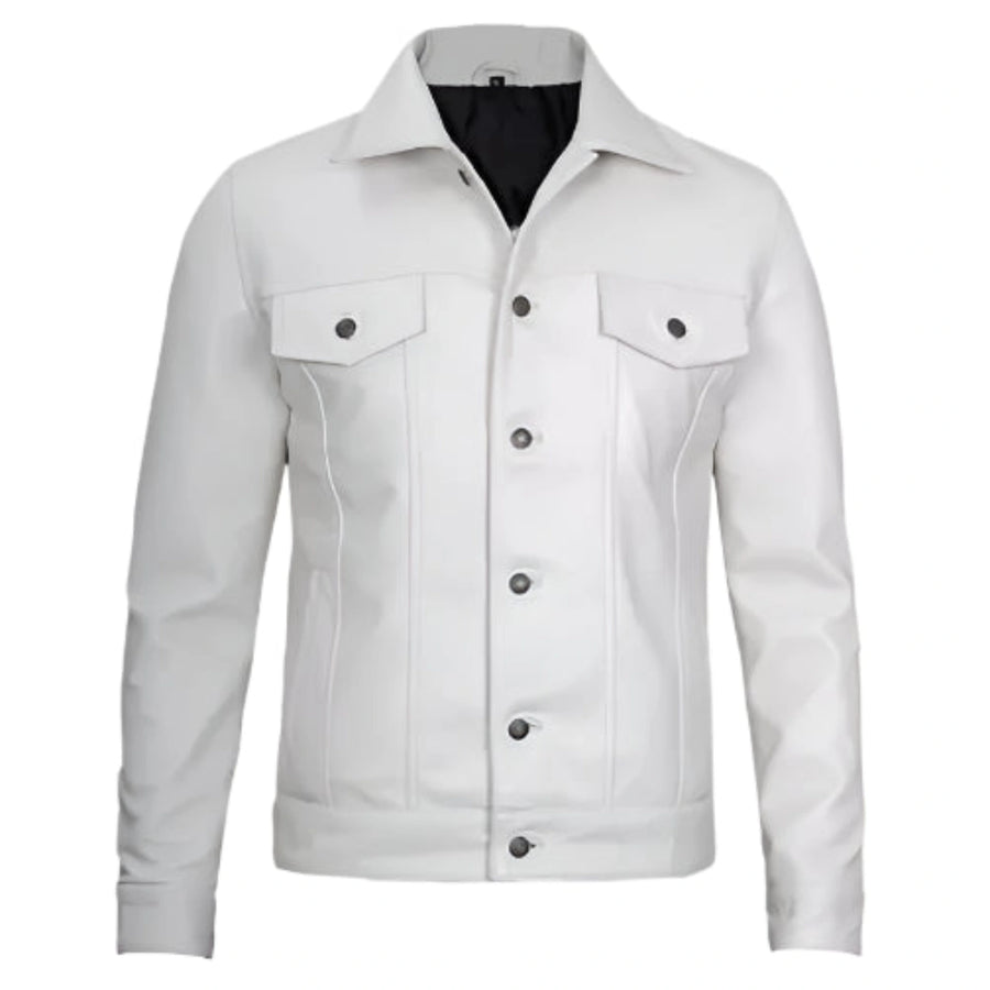 Men Cafe Racer Style White Trucker Leather Jacket