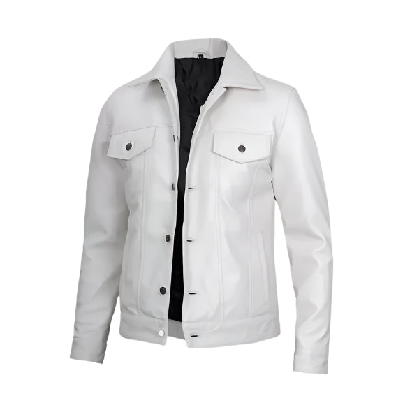 Unwind Leather Men Cafe Racer Style White Trucker Leather Jacket
