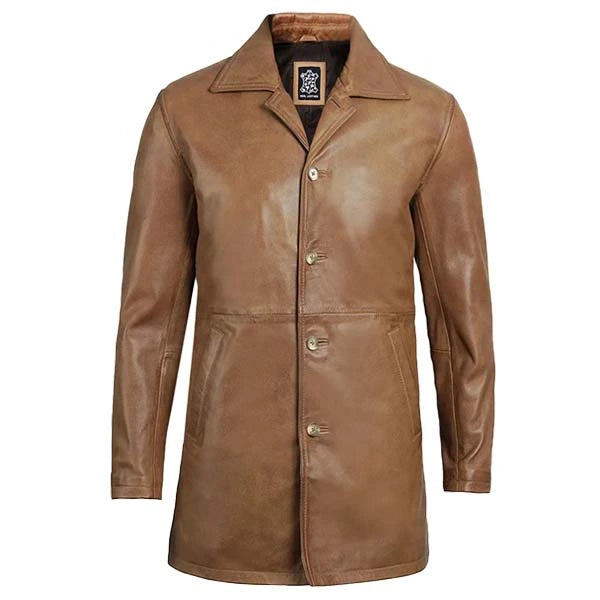 Unwind Leather Men Camel Brown 3/4-Length Leather Coat on a white background