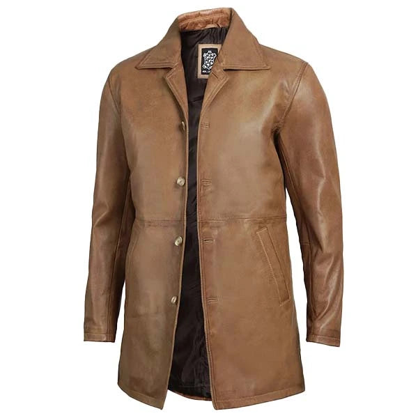 Unwind Leather Men Camel Brown 3/4-Length Leather Coat on a white background