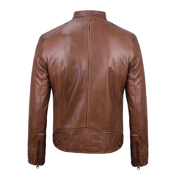 Unwind Leather Men Cognac Cafe Racer Leather Jacket on a white background