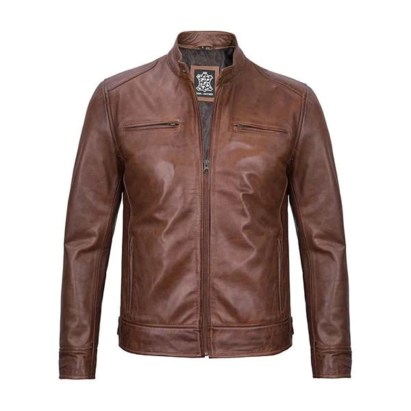 Unwind Leather Men Cognac Cafe Racer Leather Jacket on a white background