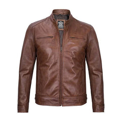 Unwind Leather Men Cognac Cafe Racer Leather Jacket on a white background