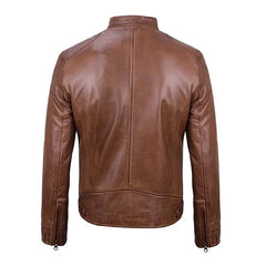 Unwind Leather Men Cognac Cafe Racer Leather Jacket on a white background