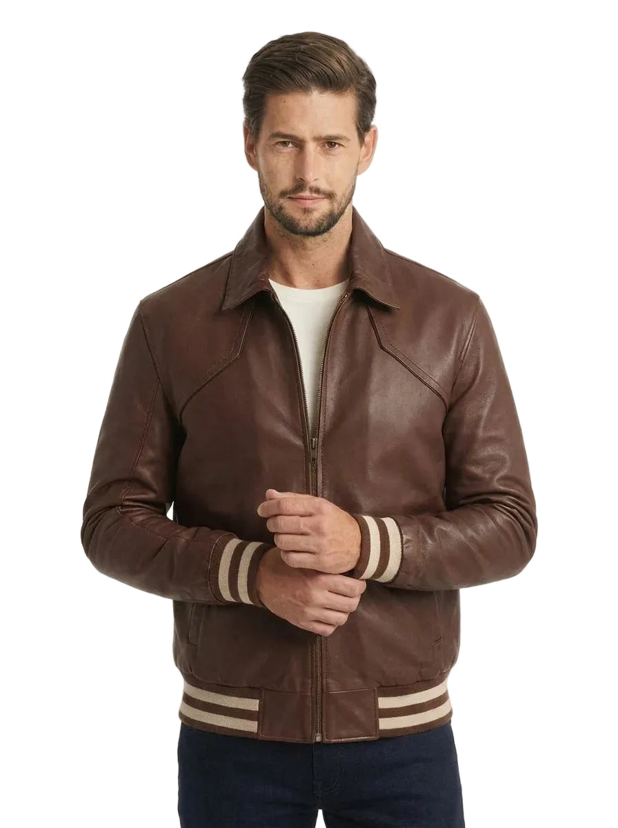 Men Dark Brown Leather Varsity Jacket