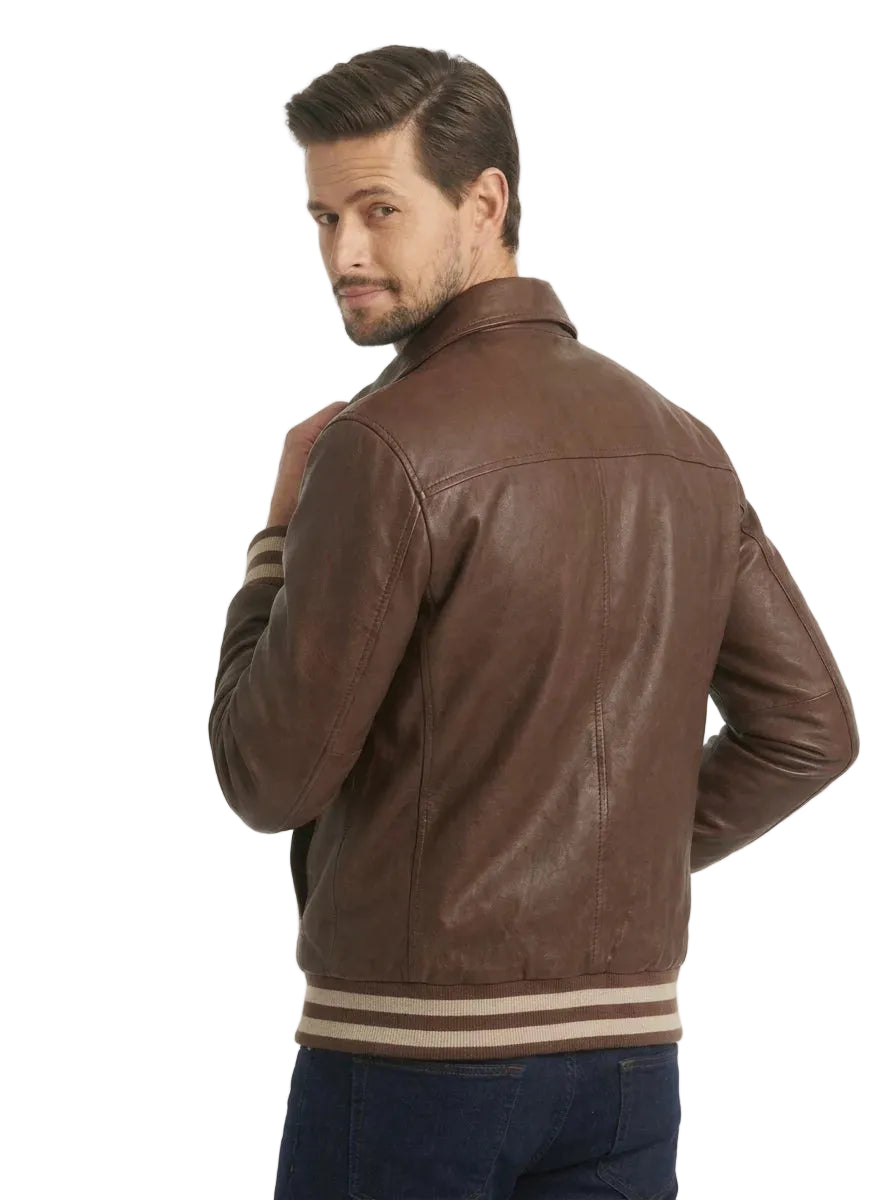 Men Dark Brown Leather Varsity Jacket