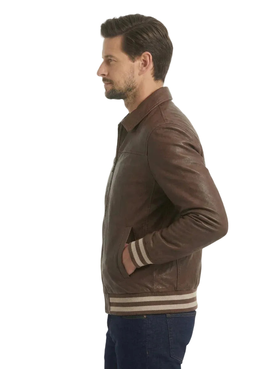 Men Dark Brown Leather Varsity Jacket