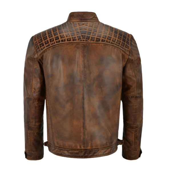 Unwind Leather Men Distressed Brown Cafe Racer Leather Jacket on a white background