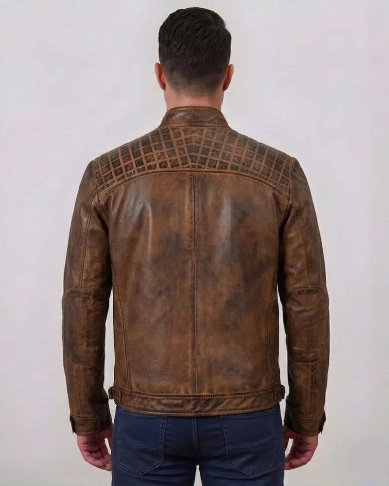 Men Distressed Brown Cafe Racer Leather Jacket