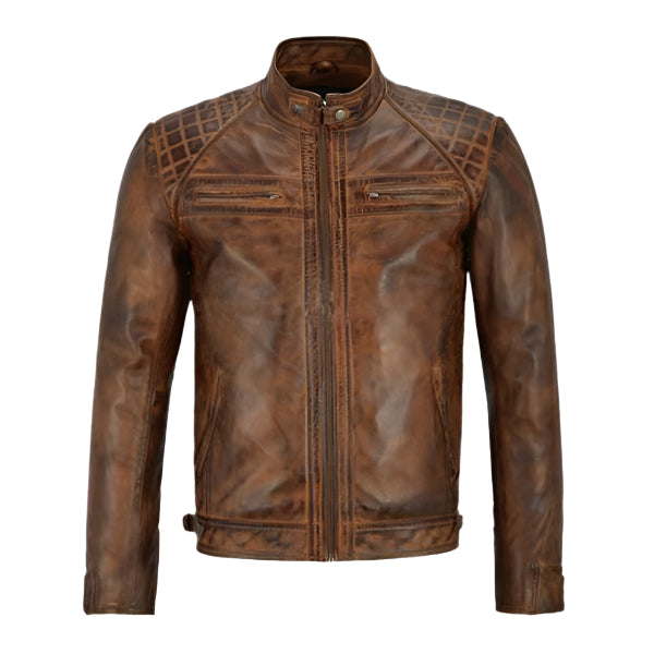 Unwind Leather Men Distressed Brown Cafe Racer Leather Jacket on a white background