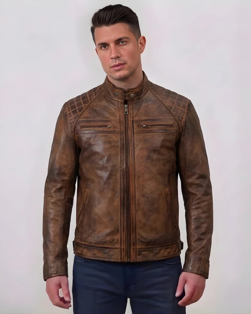 Men Distressed Brown Cafe Racer Leather Jacket